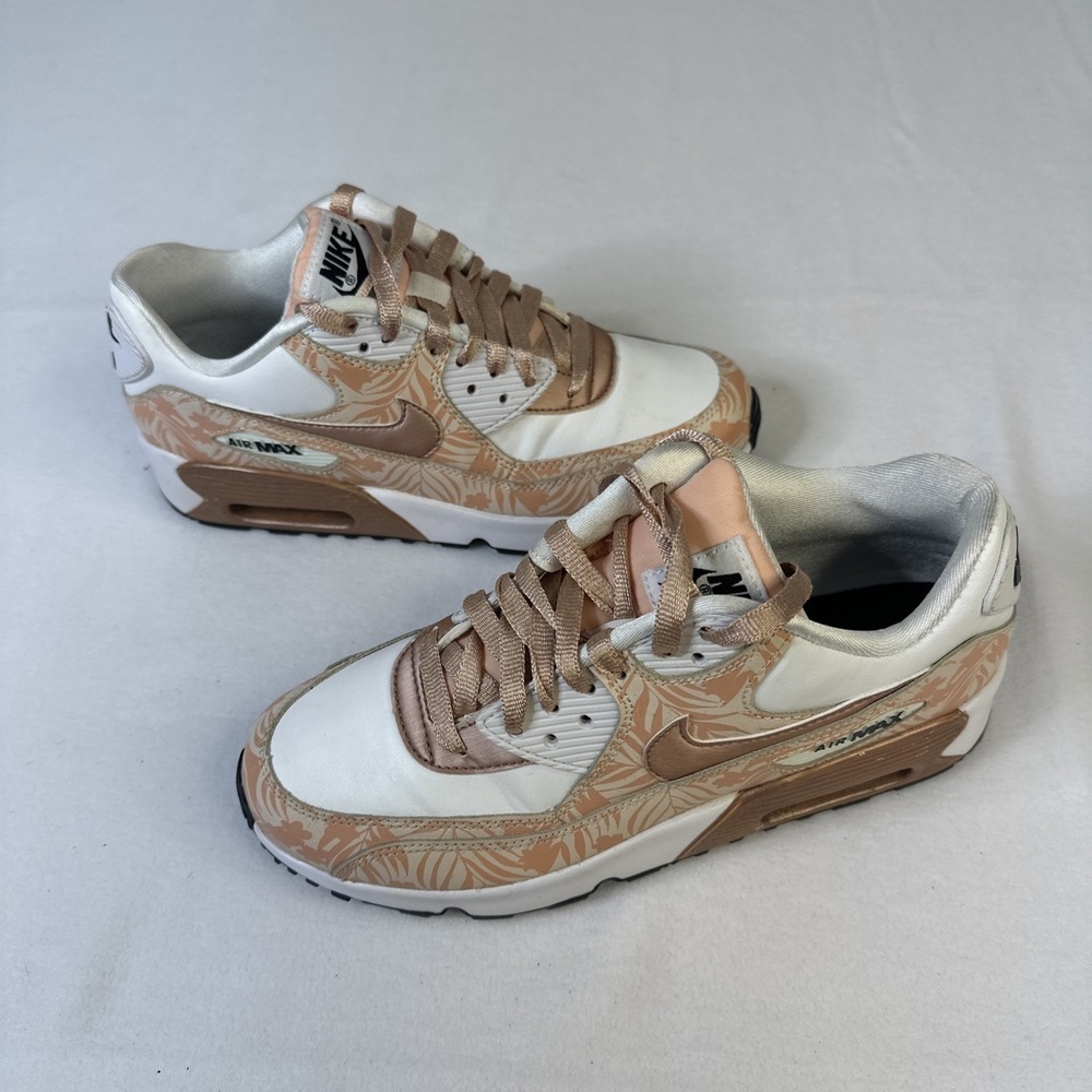 Nike Air Max 90 Print Sneakers Women 6.5 White Bronze Leather Lace Up Running